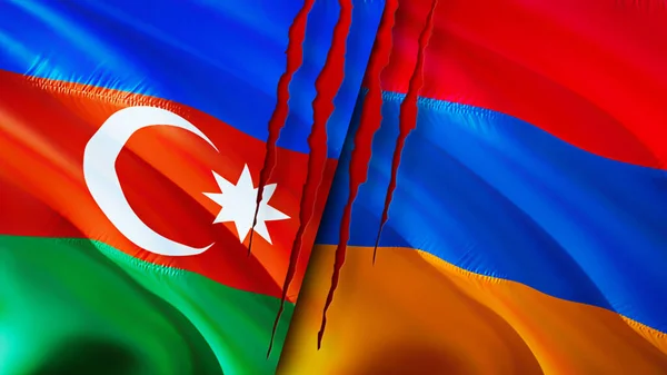 阿塞拜疆和亚美尼亚的国旗带有伤疤概念 飘扬的旗帜 3D渲染 阿塞拜疆和亚美尼亚冲突概念 阿塞拜疆亚美尼亚关系概念 阿塞拜疆和亚美尼亚国旗危机 — 图库照片
