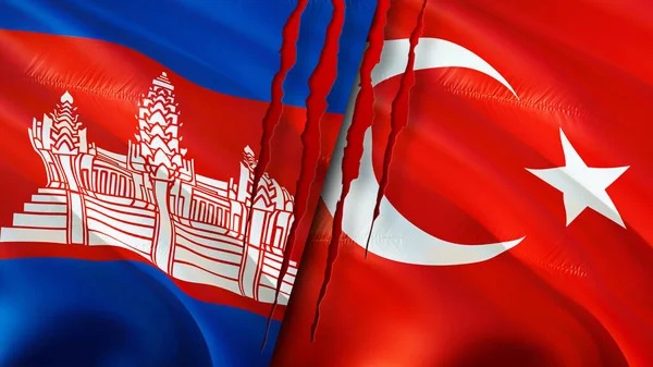 Kambodzsa Törökország Zászlók Hegkoncepcióval Lengő Zászló Renderelés Kambodzsa Törökország Konfliktuskoncepciója — Stock Fotó