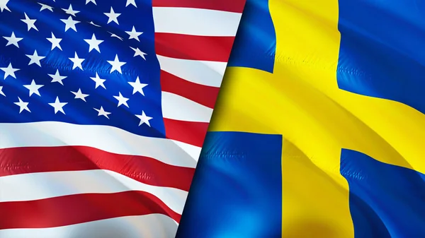 USA and Sweden flags. 3D Waving flag design. USA Sweden flag, picture, wallpaper. USA vs Sweden image,3D rendering. USA Sweden relations alliance and Trade,travel,tourism concep