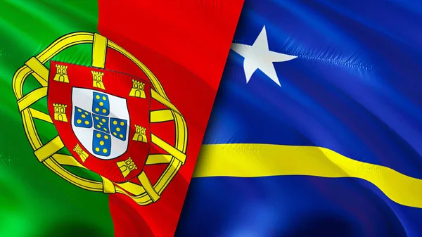 ポルトガルとキュラソーの旗 3D波動旗のデザイン ポルトガルのキュラソーの旗 ポルトガル対キュラソーの画像 3Dレンダリング ポルトガルキュラソー関係と貿易 ツアー — ストック写真