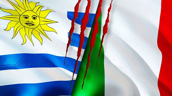 Banderas Uruguay Italia Con Concepto Cicatriz Bandera Ondeante Representación Concepto — Foto de Stock