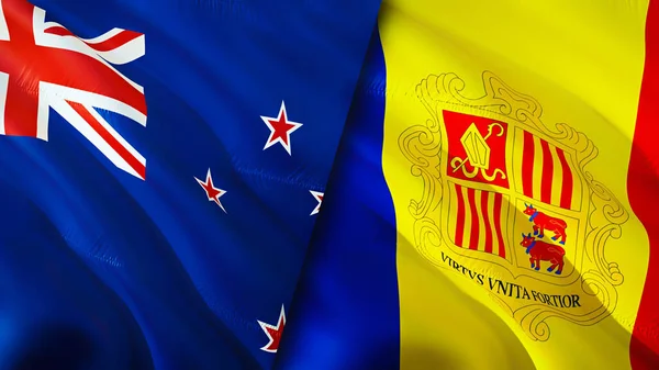 Banderas Nueva Zelanda Andorra Diseño Banderas Waving Nueva Zelanda Andorra — Foto de Stock