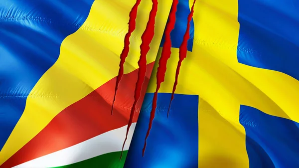 Seychelles and Sweden flags with scar concept. Waving flag,3D rendering. Seychelles and Sweden conflict concept. Seychelles Sweden relations concept. flag of Seychelles and Sweden crisis,war, attac