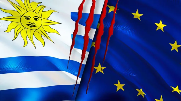 Uruguay and European Union flags with scar concept. Waving flag,3D rendering. Uruguay and European Union conflict concept. Uruguay European Union relations concept. flag of Uruguay and Europea