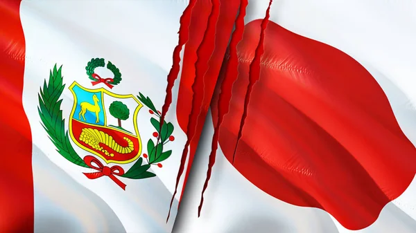 Peru and Japan flags with scar concept. Waving flag,3D rendering. Peru and Japan conflict concept. Peru Japan relations concept. flag of Peru and Japan crisis,war, attack concep