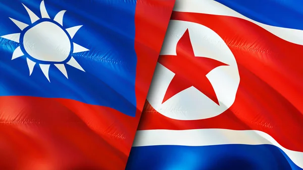 Taiwan and North Korea flags. 3D Waving flag design. Taiwan North Korea flag, picture, wallpaper. Taiwan vs North Korea image,3D rendering. Taiwan North Korea relations alliance an