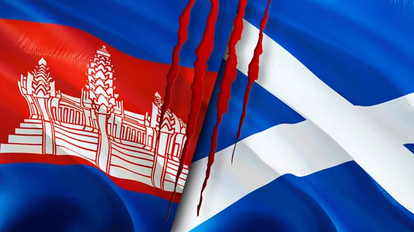 Cambodia and Scotland flags with scar concept. Waving flag,3D rendering. Cambodia and Scotland conflict concept. Cambodia Scotland relations concept. flag of Cambodia and Scotland crisis,war, attac