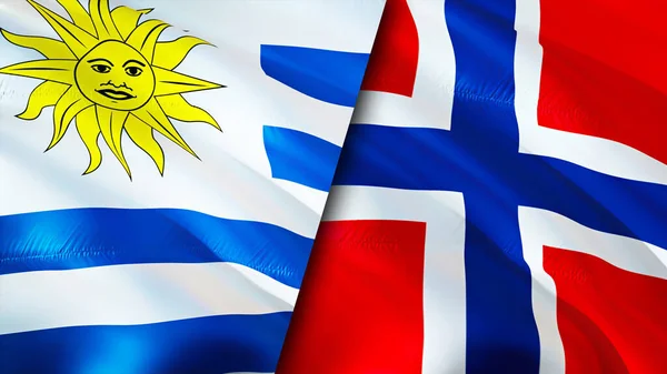 Uruguay and Norway flags. 3D Waving flag design. Uruguay Norway flag, picture, wallpaper. Uruguay vs Norway image,3D rendering. Uruguay Norway relations alliance and Trade,travel,tourism concep
