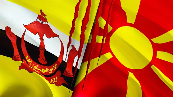 Drapeaux Brunei Macédoine Nord Avec Concept Cicatrice Drapeau Rendu Concept — Photo