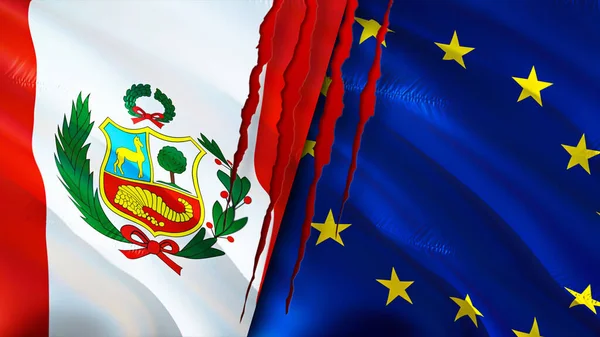 Peru and European Union flags with scar concept. Waving flag,3D rendering. Peru and European Union conflict concept. Peru European Union relations concept. flag of Peru and European Unio