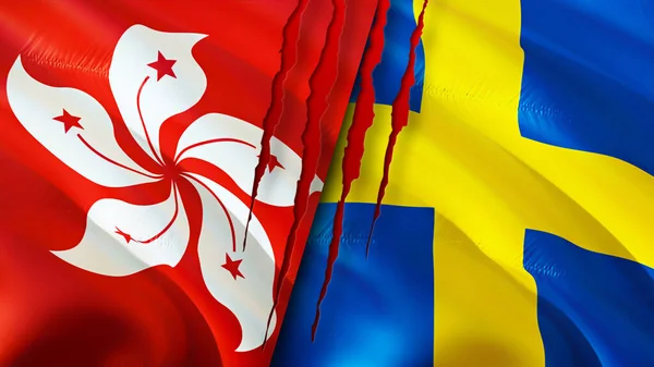 Hong Kong and Sweden flags with scar concept. Waving flag,3D rendering. Hong Kong and Sweden conflict concept. Hong Kong Sweden relations concept. flag of Hong Kong and Sweden crisis,war, attac