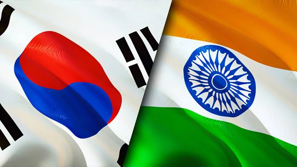 South Korea and India flags. 3D Waving flag design. South Korea India flag, picture, wallpaper. South Korea vs India image,3D rendering. South Korea India relations alliance and Trade,travel,touris