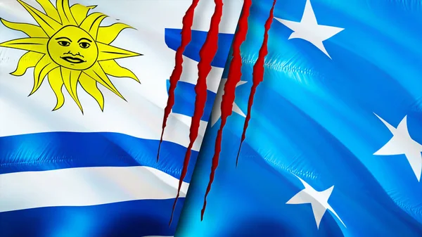 우루과이와 미크로네시아의 깃발에는 흉터가 웨이브 플래그 렌더링 우루과이와 미크로네시아 갈등의 — 스톡 사진