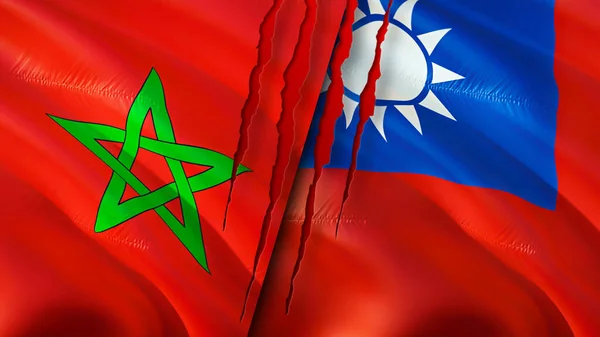 Morocco and Taiwan flags with scar concept. Waving flag,3D rendering. Morocco and Taiwan conflict concept. Morocco Taiwan relations concept. flag of Morocco and Taiwan crisis,war, attack concep