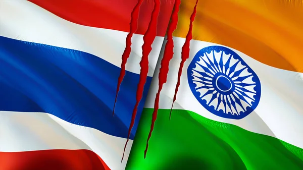 Thailand and India flags with scar concept. Waving flag,3D rendering. Thailand and India conflict concept. Thailand India relations concept. flag of Thailand and India crisis,war, attack concep