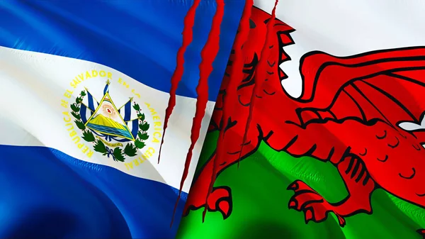 El Salvador and Welsh flags with scar concept. Waving flag 3D rendering. El Salvador and Welsh conflict concept. El Salvador Welsh relations concept. flag of El Salvador and Welsh crisis,war, attac