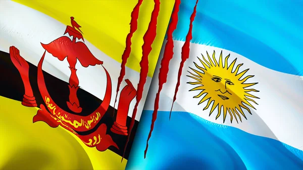 Bandeiras Brunei Argentina Com Conceito Cicatriz Bandeira Ondulada Renderização Brunei — Fotografia de Stock