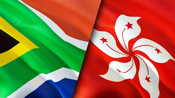 South Africa and Hong Kong flags. 3D Waving flag design. South Africa Hong Kong flag, picture, wallpaper. South Africa vs Hong Kong image,3D rendering. South Africa Hong Kong relations alliance an