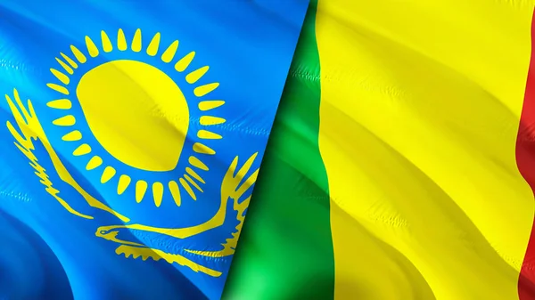 Kazakhstan and Mali flags. 3D Waving flag design. Kazakhstan Mali flag, picture, wallpaper. Kazakhstan vs Mali image,3D rendering. Kazakhstan Mali relations alliance and Trade,travel,tourism concep