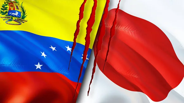 Venezuela and Japan flags with scar concept. Waving flag,3D rendering. Venezuela and Japan conflict concept. Venezuela Japan relations concept. flag of Venezuela and Japan crisis,war, attack concep
