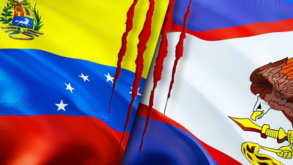 Venezuela and American Samoa flags with scar concept. Waving flag,3D rendering. Venezuela and American Samoa conflict concept. Venezuela American Samoa relations concept. flag of Venezuela an