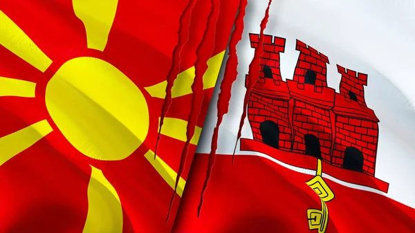 Flagi Północnej Macedonii Gibraltaru Blizną Machanie Flagą Renderowanie Koncepcja Konfliktu — Zdjęcie stockowe
