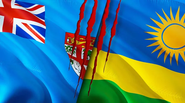 Fiji and Rwanda flags with scar concept. Waving flag,3D rendering. Fiji and Rwanda conflict concept. Fiji Rwanda relations concept. flag of Fiji and Rwanda crisis,war, attack concep