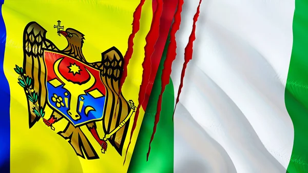 摩尔多瓦和尼日利亚的国旗带有伤疤概念 飘扬的旗帜 3D渲染 摩尔多瓦和尼日利亚冲突概念 摩尔多瓦 尼日利亚关系概念 摩尔多瓦和尼日利亚国旗危机 — 图库照片