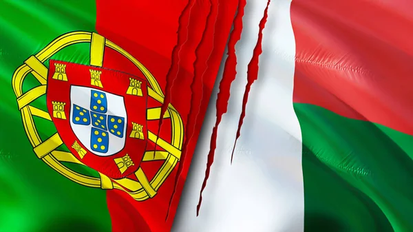 Portugal Madagascar Flags Scar Concept Waving Flag Rendering Portugal Madagascar — Stock Photo, Image