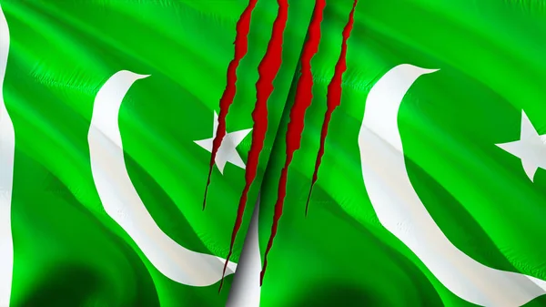 巴基斯坦和巴基斯坦的国旗上有伤疤的概念 飘扬的旗帜 3D渲染 巴基斯坦和巴基斯坦冲突概念 巴基斯坦关系概念 巴基斯坦和巴基斯坦的国旗危机 战争C — 图库照片