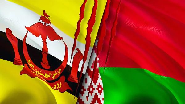 Brunei and Belarus flags with scar concept. Waving flag,3D rendering. Brunei and Belarus conflict concept. Brunei Belarus relations concept. flag of Brunei and Belarus crisis,war, attack concep