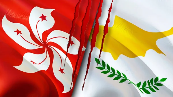 Hong Kong and Cyprus flags with scar concept. Waving flag,3D rendering. Hong Kong and Cyprus conflict concept. Hong Kong Cyprus relations concept. flag of Hong Kong and Cyprus crisis,war, attac