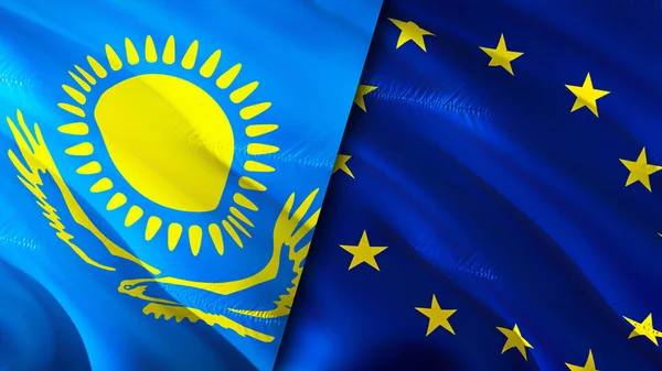 Bandeiras Cazaquistão União Europeia Acenando Design Bandeira Cazaquistão União Europeia — Fotografia de Stock