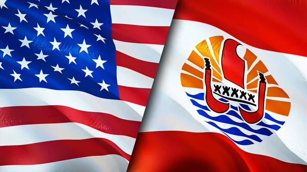美国和法属波利尼西亚国旗 3D波浪旗帜设计 美国法属波利尼西亚国旗 美国对法属波利尼西亚的图像 3D渲染 美国法属波利尼西亚关系联盟 — 图库照片