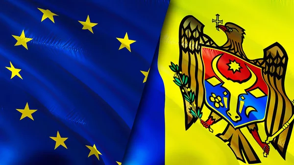 European Union and Moldova flags. 3D Waving flag design. European Union Moldova flag, picture, wallpaper. European Union vs Moldova image,3D rendering. European Union Moldova relations alliance an