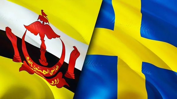 Brunei and Sweden flags. 3D Waving flag design. Brunei Sweden flag, picture, wallpaper. Brunei vs Sweden image,3D rendering. Brunei Sweden relations alliance and Trade,travel,tourism concep