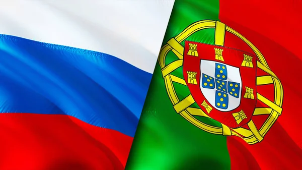 Russia and Portugal flags. 3D Waving flag design. Russia Portugal flag, picture, wallpaper. Russia vs Portugal image,3D rendering. Russia Portugal relations alliance and Trade,travel,tourism concep