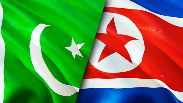 Pakistan and North Korea flags. 3D Waving flag design. Pakistan North Korea flag, picture, wallpaper. Pakistan vs North Korea image,3D rendering. Pakistan North Korea relations alliance an
