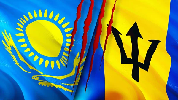 Kazakhstan and Barbados flags with scar concept. Waving flag,3D rendering. Kazakhstan and Barbados conflict concept. Kazakhstan Barbados relations concept. flag of Kazakhstan and Barbado