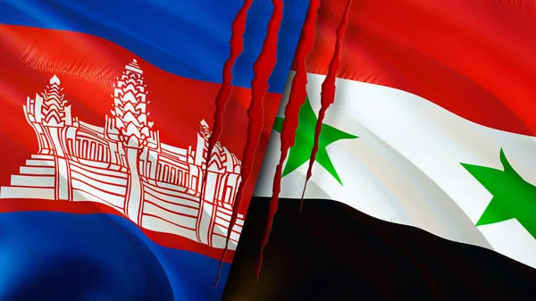 Cambodia and Syria flags with scar concept. Waving flag,3D rendering. Cambodia and Syria conflict concept. Cambodia Syria relations concept. flag of Cambodia and Syria crisis,war, attack concep
