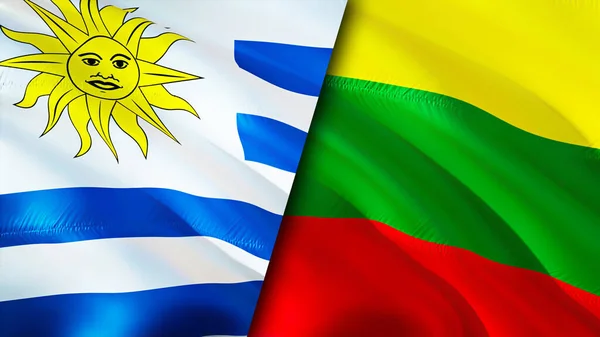 Uruguay and Lithuania flags. 3D Waving flag design. Uruguay Lithuania flag, picture, wallpaper. Uruguay vs Lithuania image,3D rendering. Uruguay Lithuania relations alliance and Trade,travel,touris