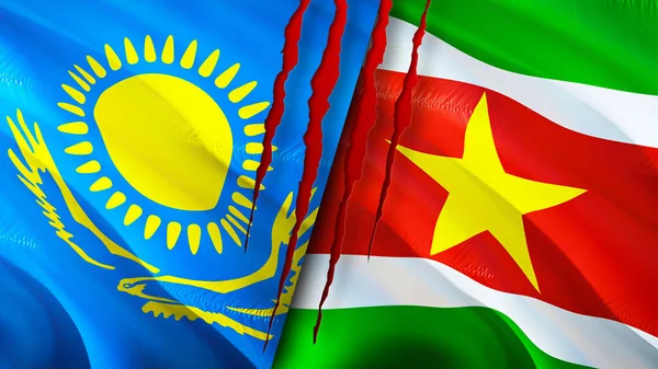 Kazakhstan and Suriname flags with scar concept. Waving flag,3D rendering. Kazakhstan and Suriname conflict concept. Kazakhstan Suriname relations concept. flag of Kazakhstan and Surinam