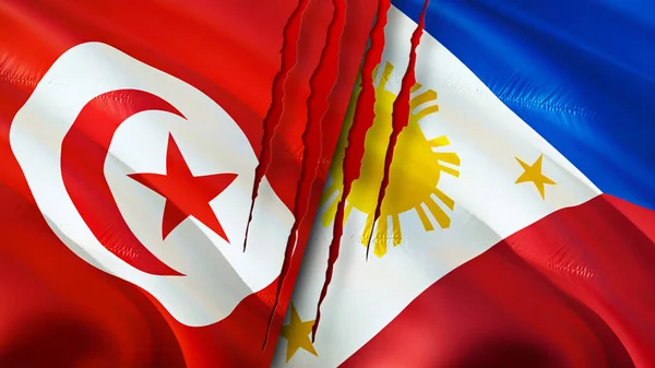 Tunisia and Philippines flags with scar concept. Waving flag,3D rendering. Tunisia and Philippines conflict concept. Tunisia Philippines relations concept. flag of Tunisia and Philippine