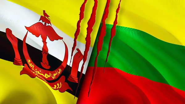 Brunei and Lithuania flags with scar concept. Waving flag,3D rendering. Brunei and Lithuania conflict concept. Brunei Lithuania relations concept. flag of Brunei and Lithuania crisis,war, attac