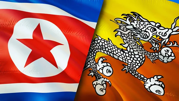 North Korea and Bhutan flags. 3D Waving flag design. North Korea Bhutan flag, picture, wallpaper. North Korea vs Bhutan image,3D rendering. North Korea Bhutan relations alliance an