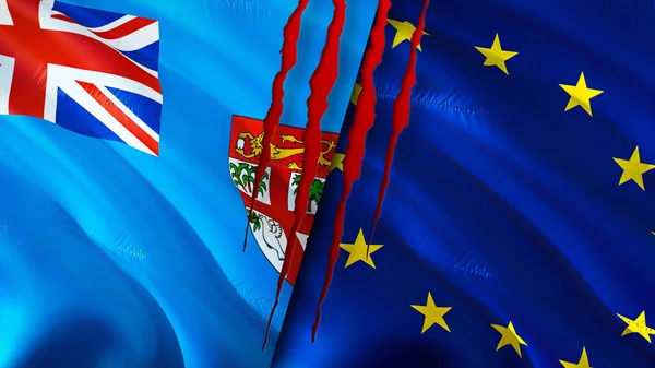 Fiji and European Union flags with scar concept. Waving flag,3D rendering. Fiji and European Union conflict concept. Fiji European Union relations concept. flag of Fiji and European Unio