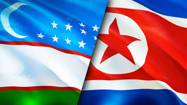 Uzbekistan and North Korea flags. 3D Waving flag design. Uzbekistan North Korea flag, picture, wallpaper. Uzbekistan vs North Korea image,3D rendering. Uzbekistan North Korea relations alliance an