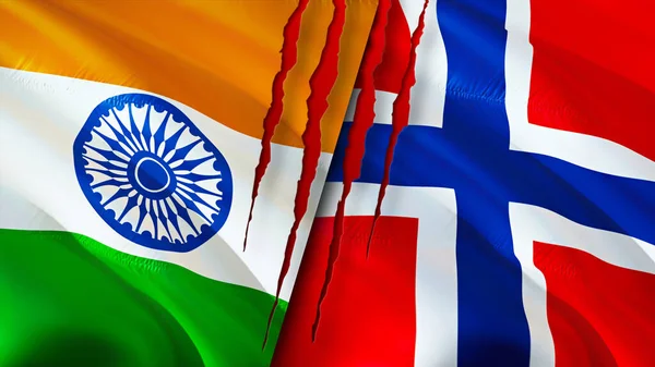 India and Norway flags with scar concept. Waving flag,3D rendering. India and Norway conflict concept. India Norway relations concept. flag of India and Norway crisis,war, attack concep