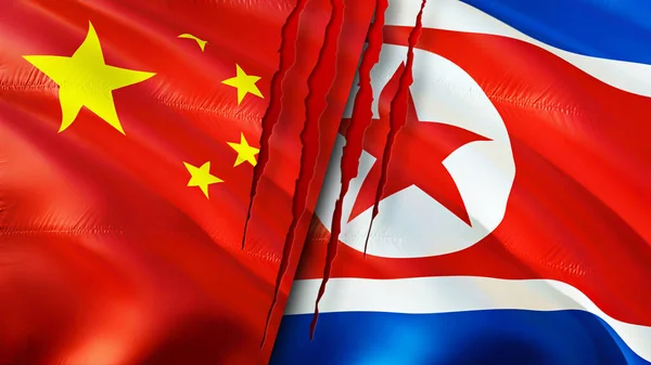China and North Korea flags with scar concept. Waving flag,3D rendering. China and North Korea conflict concept. China North Korea relations concept. flag of China and North Korea crisis,war, attac