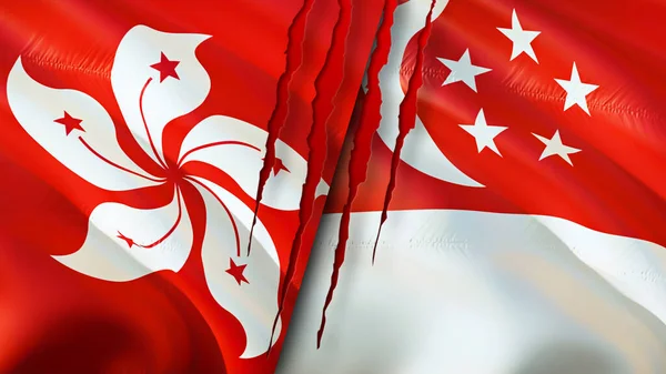 Hong Kong Singapore Flags Scar Concept Waving Flag Rendering Hong — Stock Photo, Image